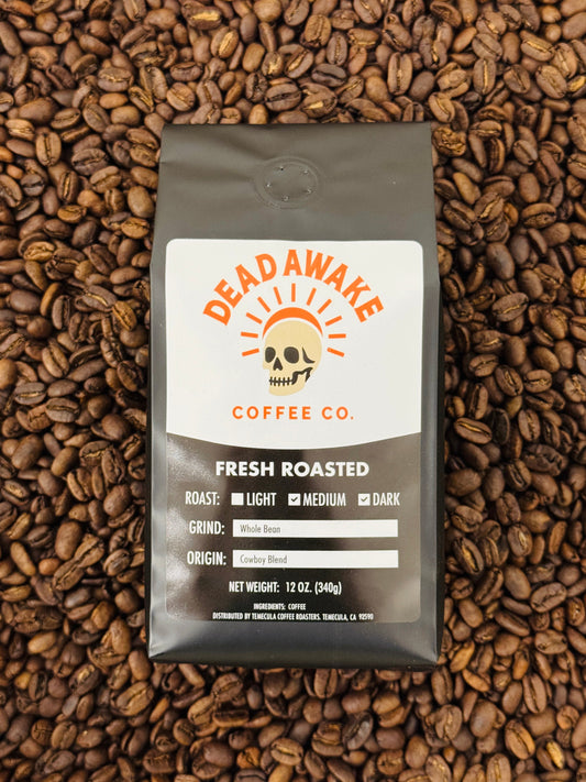 Dead Awake Coffee bag on coffee beans