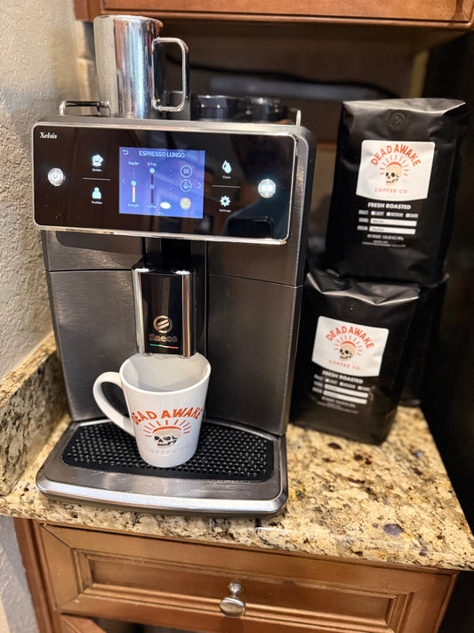 Saeco espresso machine with Dead Awake Coffee bags